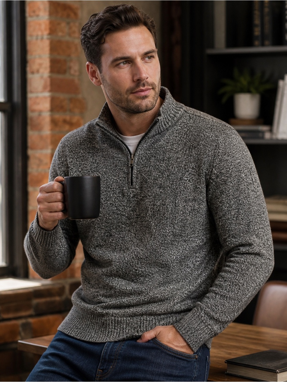Mens Cashmere Blend Quarter Zip Sweater Large Gray-Black Pullover Soft Knit
